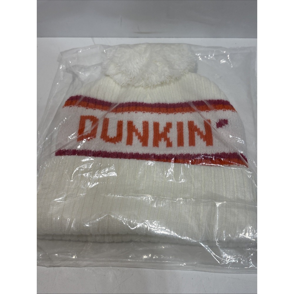 Dunkin Donuts Winter hat white beanie W/pompom America Run's On Dunkin Coffee